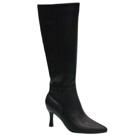New Women Black Pointed Toe Stiletto Kitten Heel Tall Knee High Boots - Picture 1 of 3